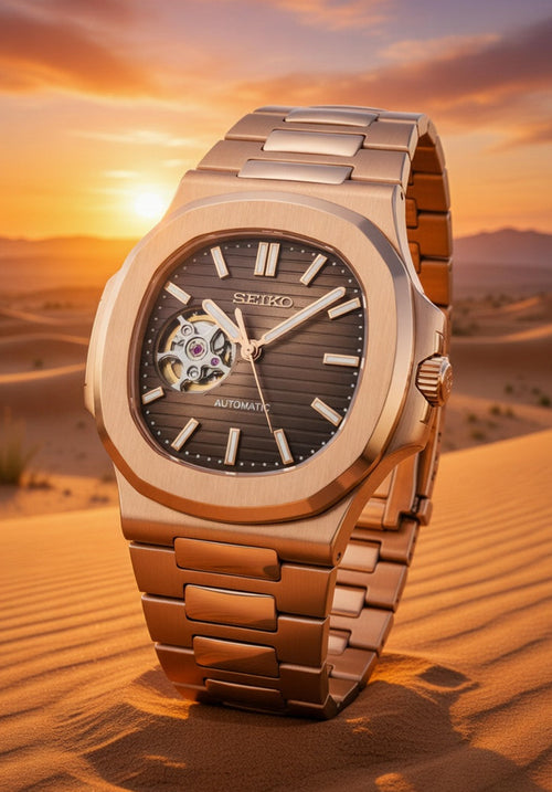 	Reloj Seiko Mod Nautilus Open Heart dorado rosa – vista frontal – PANTER Watch